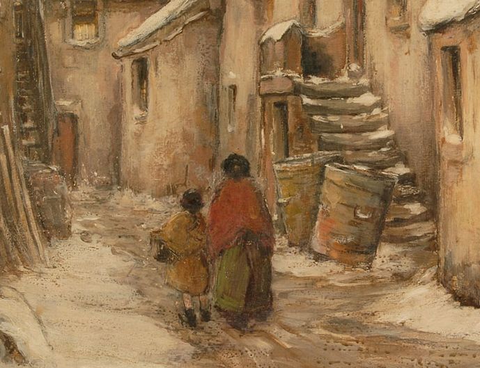Detail of an oil painting showing a woman and young girl in skirts and shawls in a snowy street.