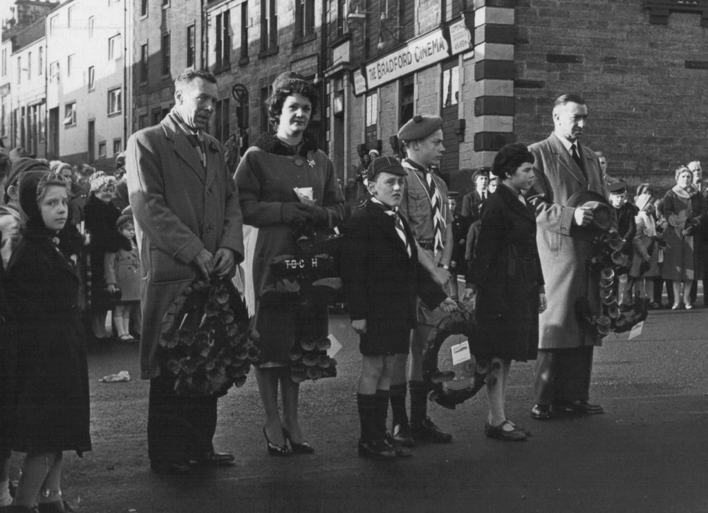 War memorial service outside the Bradford Cinema, Cumbernauld, around 1941-1964. Kind permission of Jim Walker