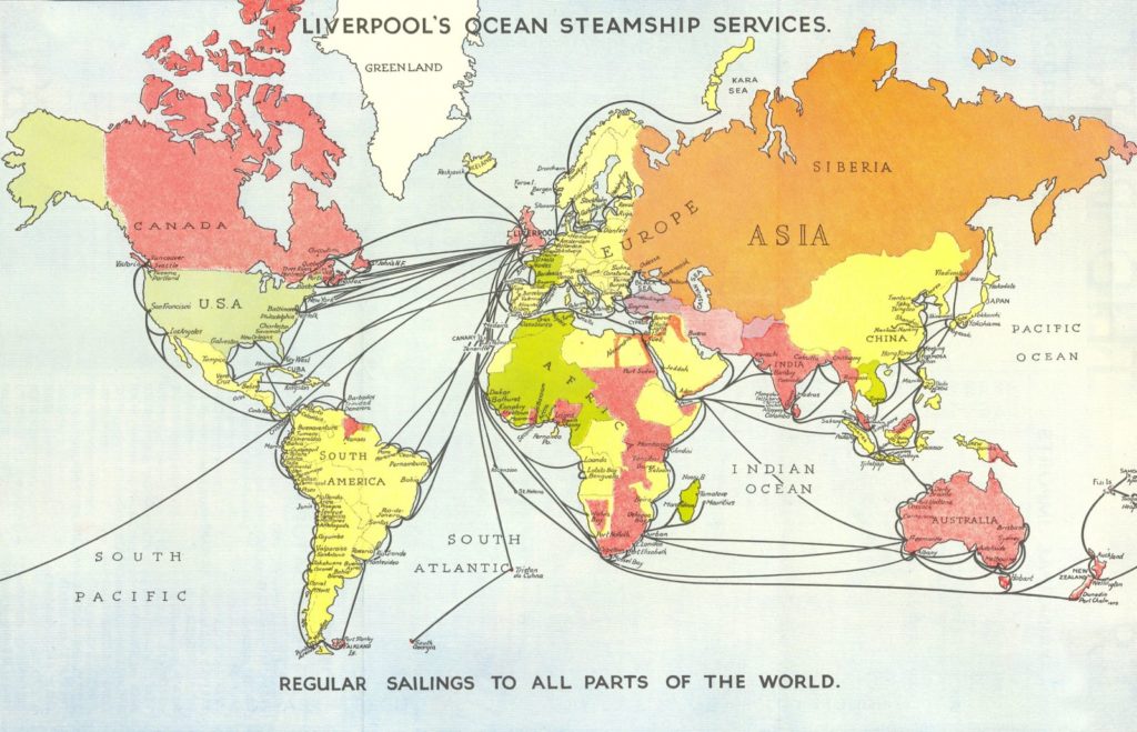 World map of steamship services from Liverpool