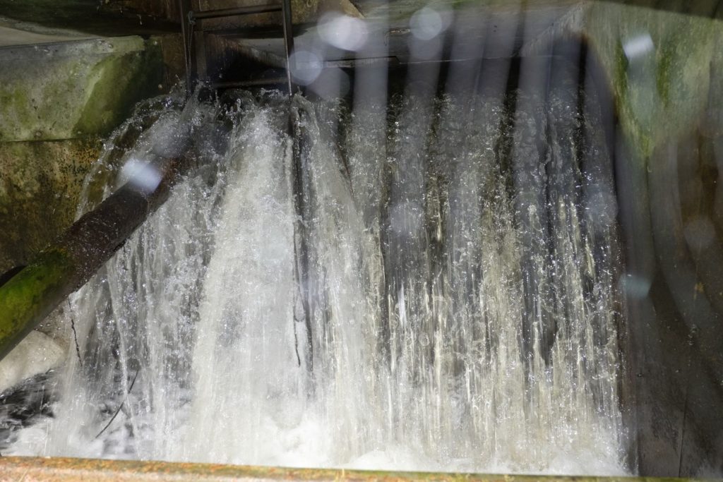 The waters that fed the Monkland Canal can still be heard rushing under the canal basin beside the Coatbridge Hole. May 2019.
