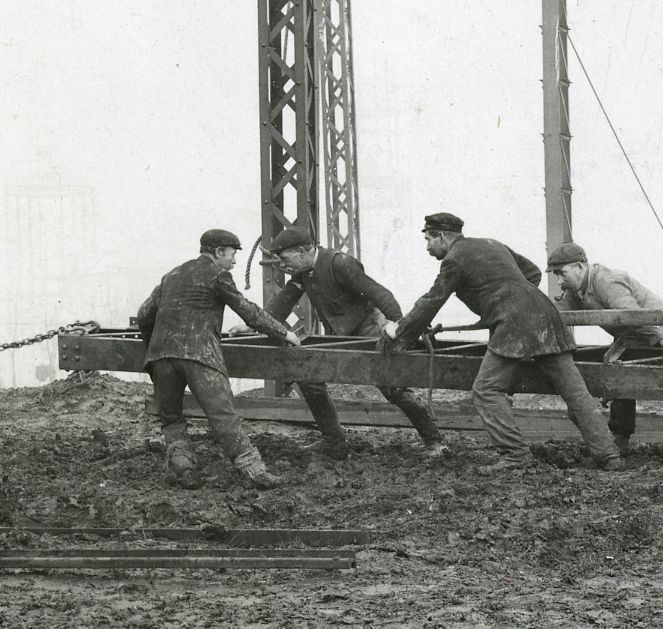 Workers on an Alexander Findlay steel building at White City, London around 1908