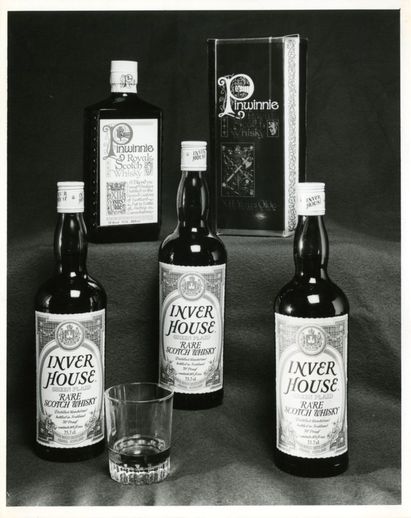 Green Plaid and Pinwinnie Royale Scotch Whisky products made by Inver House Distillers, Airdrie, around 1980
