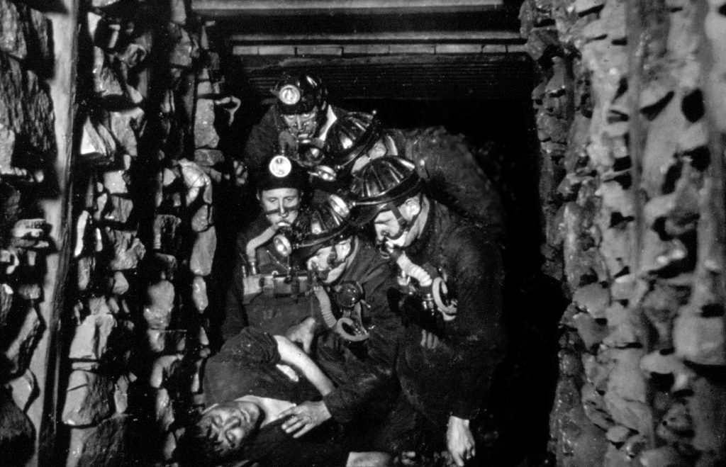 A training exercise in the replica mine at Coatbridge Mines Rescue, 1950s.