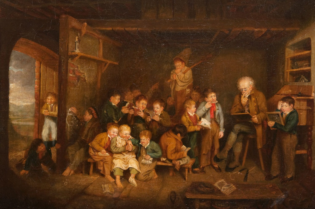 The Dominie by George Harvey (1806-1876), mid 1800s is an oil painting depicting a rustic classroom of young children around an old school master.