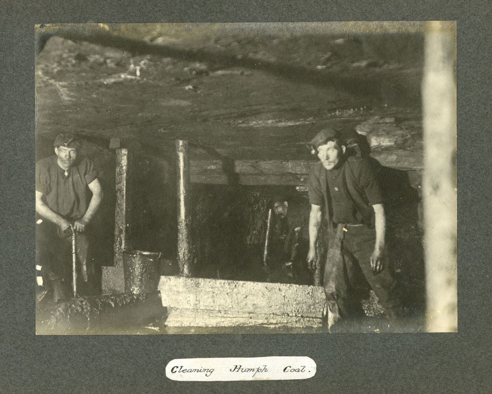 Wooden roof supports in Camp Colliery near Motherwell, around 1910.