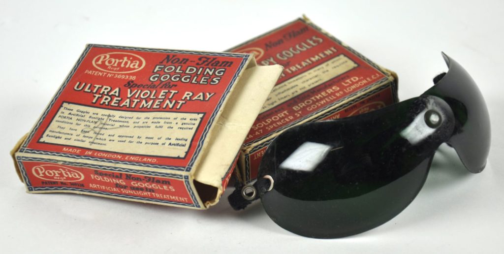 Protective goggles for UV light treatment, around 1930