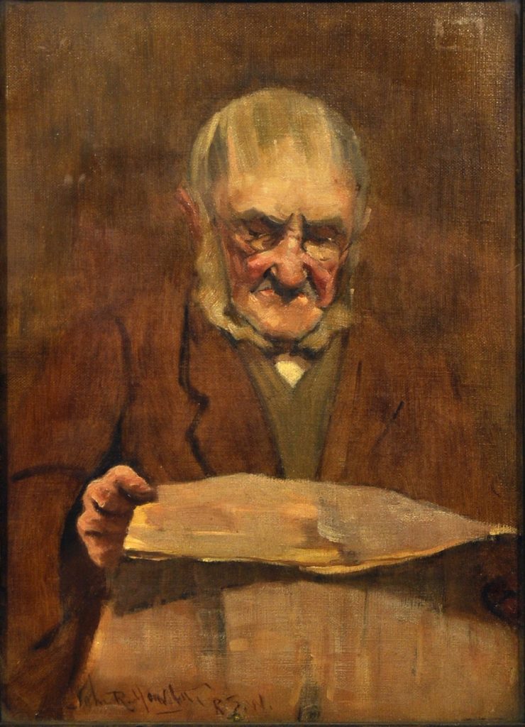 Detail from an oil painting depicting an elderly man wearing glasses reading a newspaper