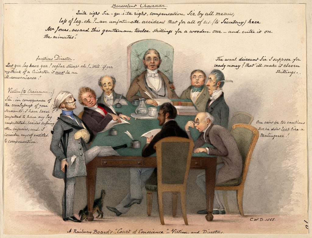 Annotated colour sketch of a group of men seated around a board table, examining a man with bandaged head as he rests his peg leg on the table