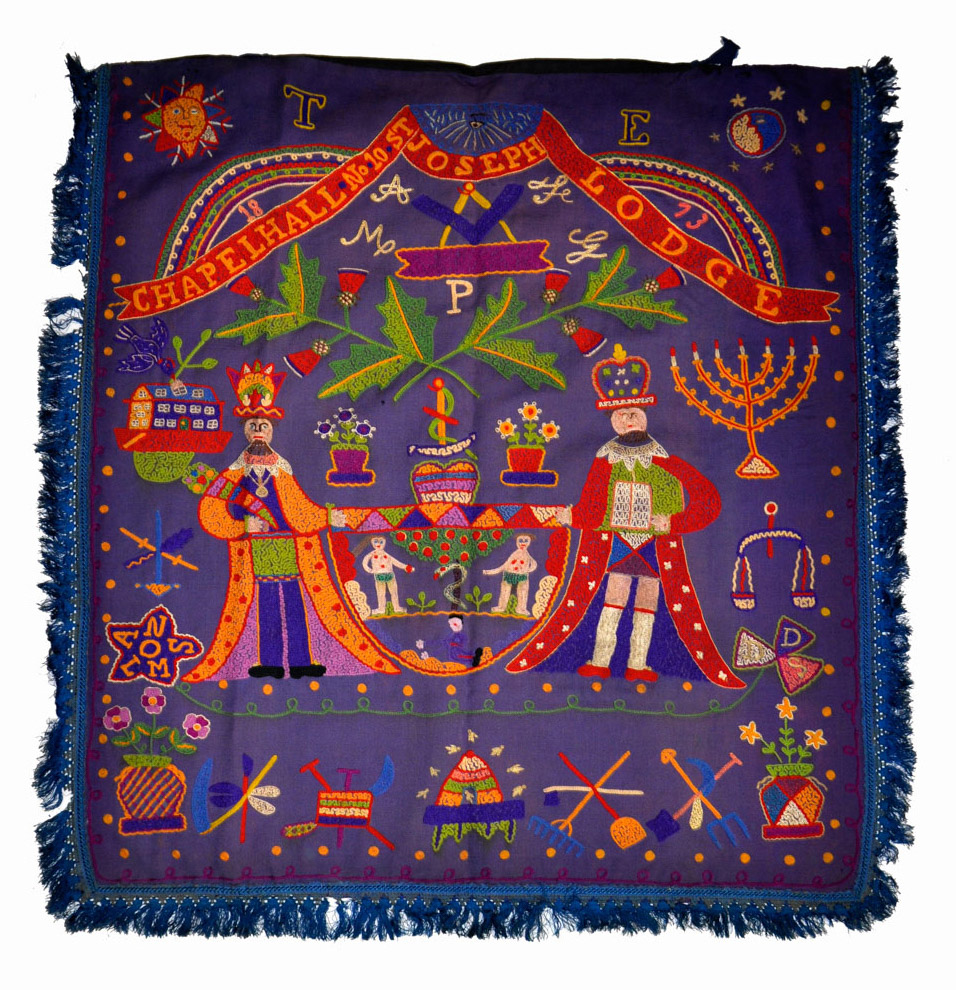 Dark purple/blue square apron embroidered with Free Gardeners' symbols, including set square and compass