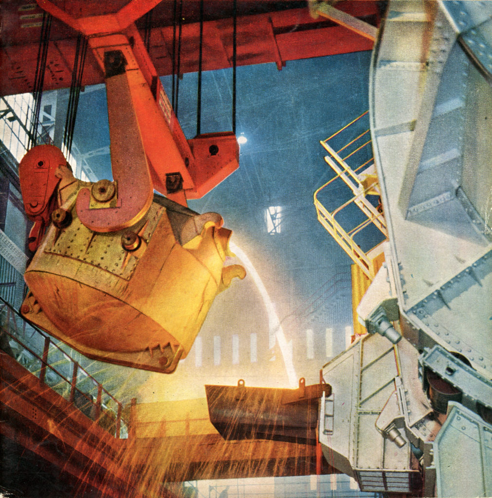 The first iron from the blast furnace being poured into one of the two mixers at Ravenscraig Works. Published in the spring 1957 edition of Colvilles Magazine.